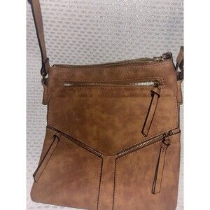 Brown Medium Crossbody Zip Bag Adjustable Strap Multiple Zipper Pockets Lined